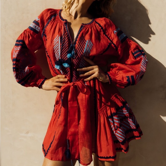 March 11 Namibia Red Linen Mini Dress Size L - Picture 5 of 17